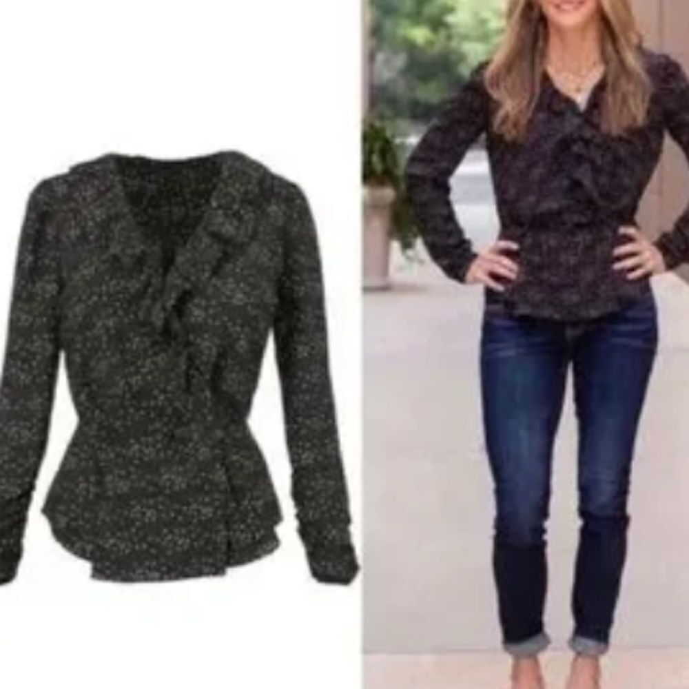 Cabi EROS #4154 Black Heart Print Ruffle V-Neck Long Sleeve Wrap Blouse Medium